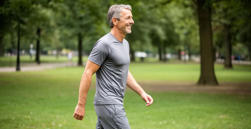 Middle-aged man walking confidently in park setting wearing casual athletic wear