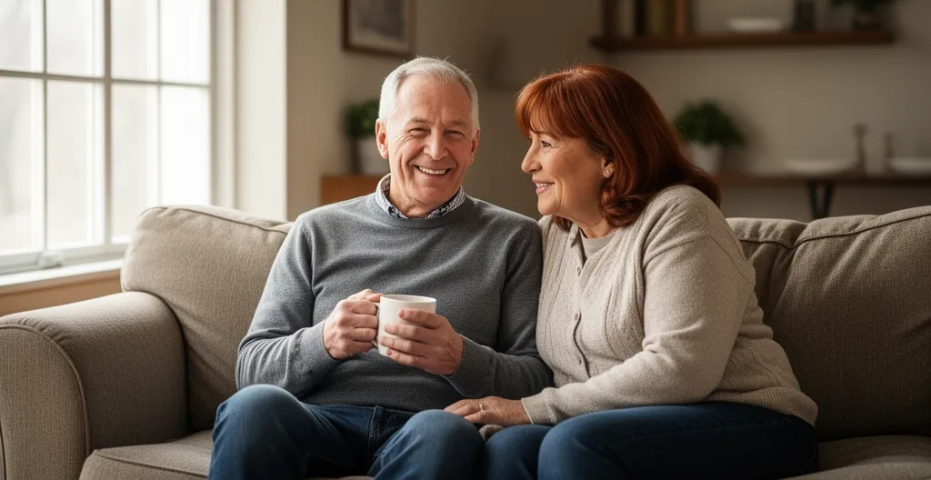 Mature couple in their 50s sitting together on sofa sharing coffee and conversation
