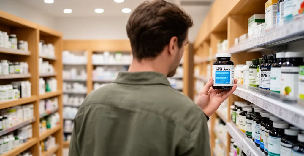 Person from behind examining supplement bottle on pharmacy shelf