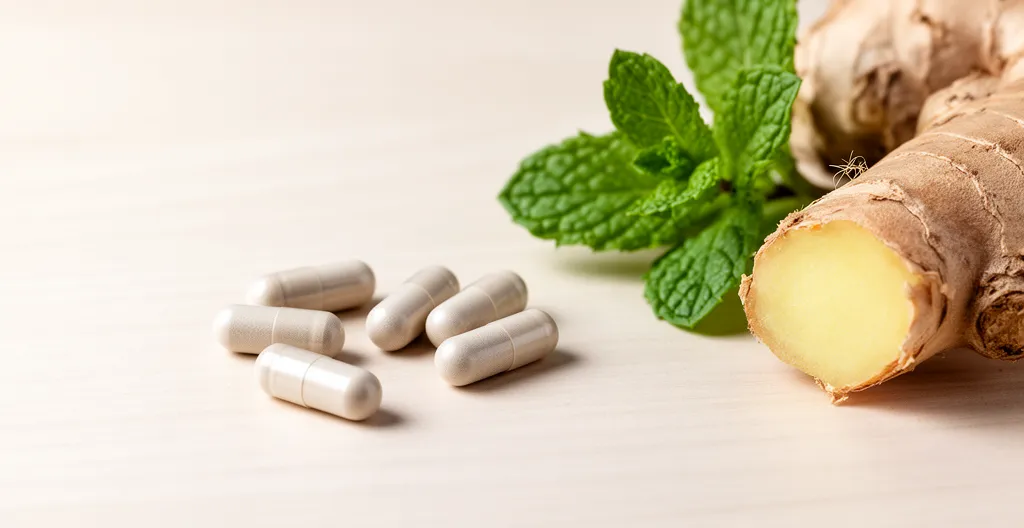 Probiotic supplement capsules scattered on wooden surface with fresh mint and ginger