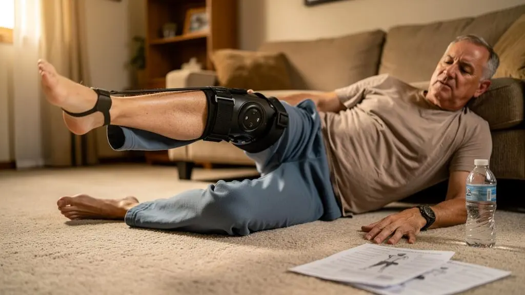 A man performs a straight-leg raise exercise with a resistance band on his living room floor after knee surgery.