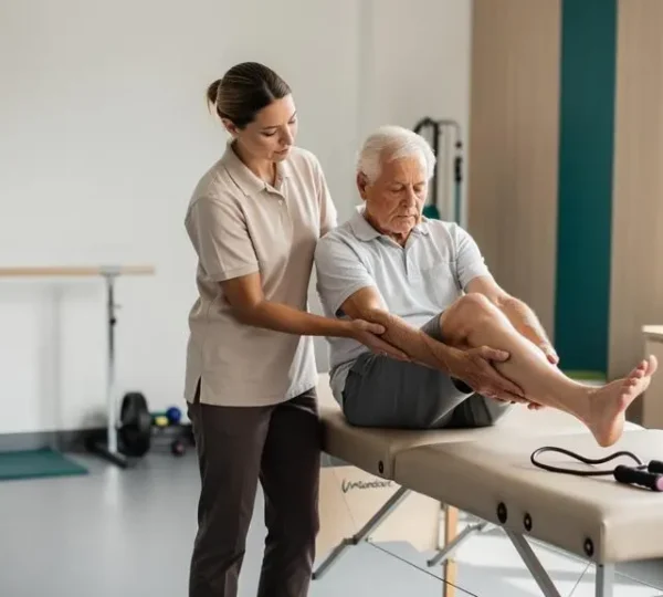 A physical therapist guides a senior patient through a supervised knee exercise in a bright rehabilitation clinic.
