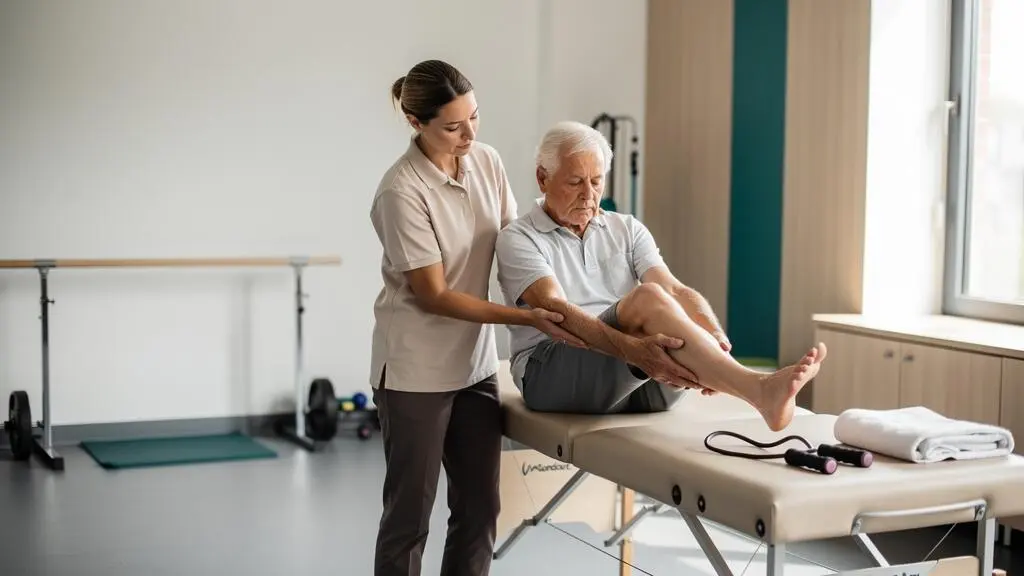 A physical therapist guides a senior patient through a supervised knee exercise in a bright rehabilitation clinic.