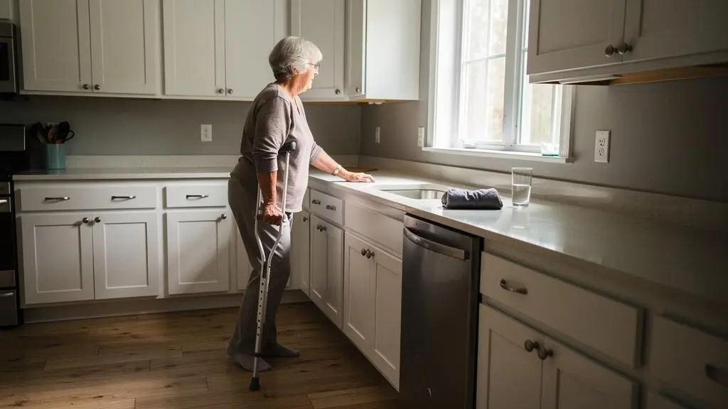 A senior woman walks through her sunlit kitchen with a crutch, supporting herself on the counter during recovery.